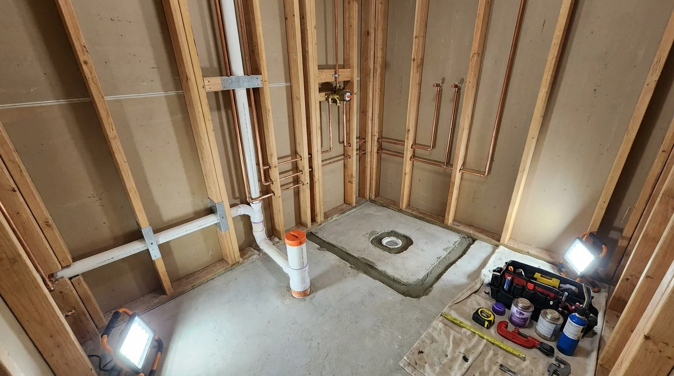 Bathroom rough-in plumbing during remodel by Johns Plumbing LLC in South Lancaster