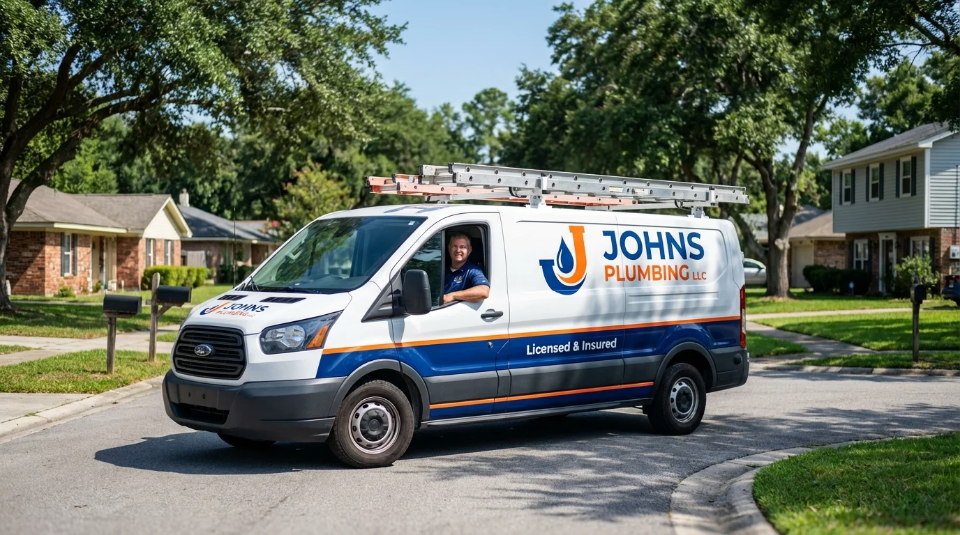 Johns Plumbing LLC service van in South Lancaster, MA