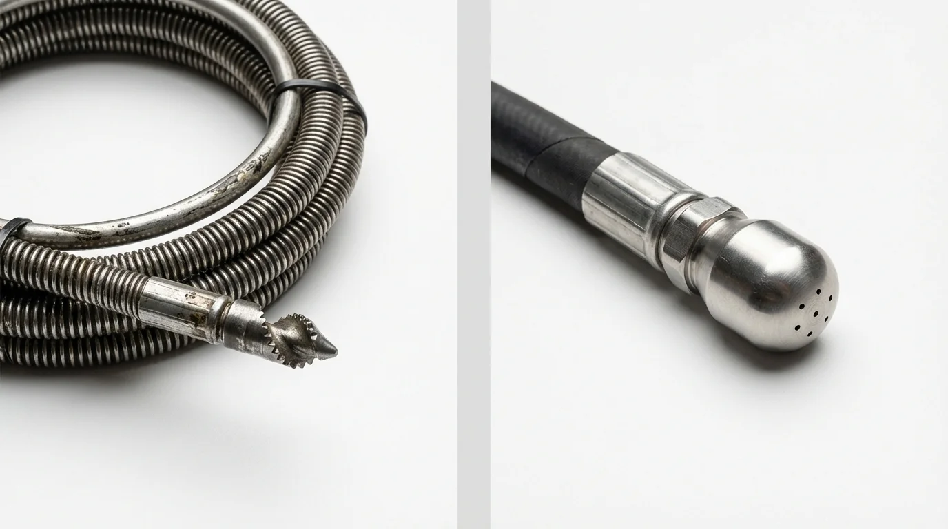 Drain snake cable and hydro jetting nozzle used for drain cleaning in South Lancaster, MA