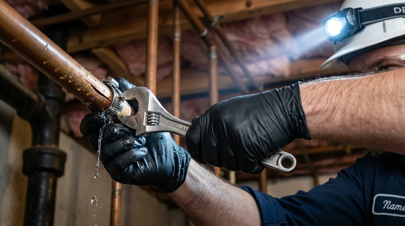 Emergency pipe clamp repair being performed by a Johns Plumbing LLC plumber in South Lancaster