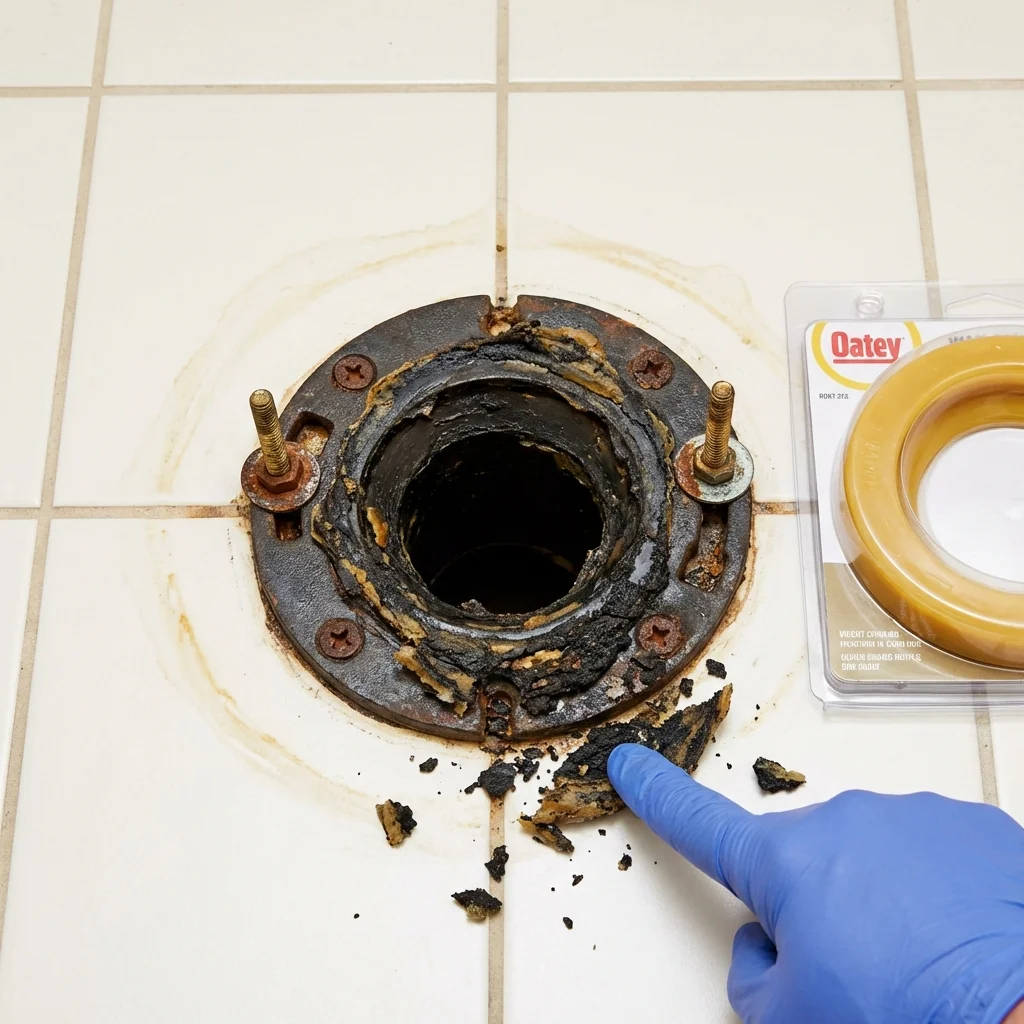 Failed wax ring showing water seepage at the base of a toilet in a South Lancaster, MA home