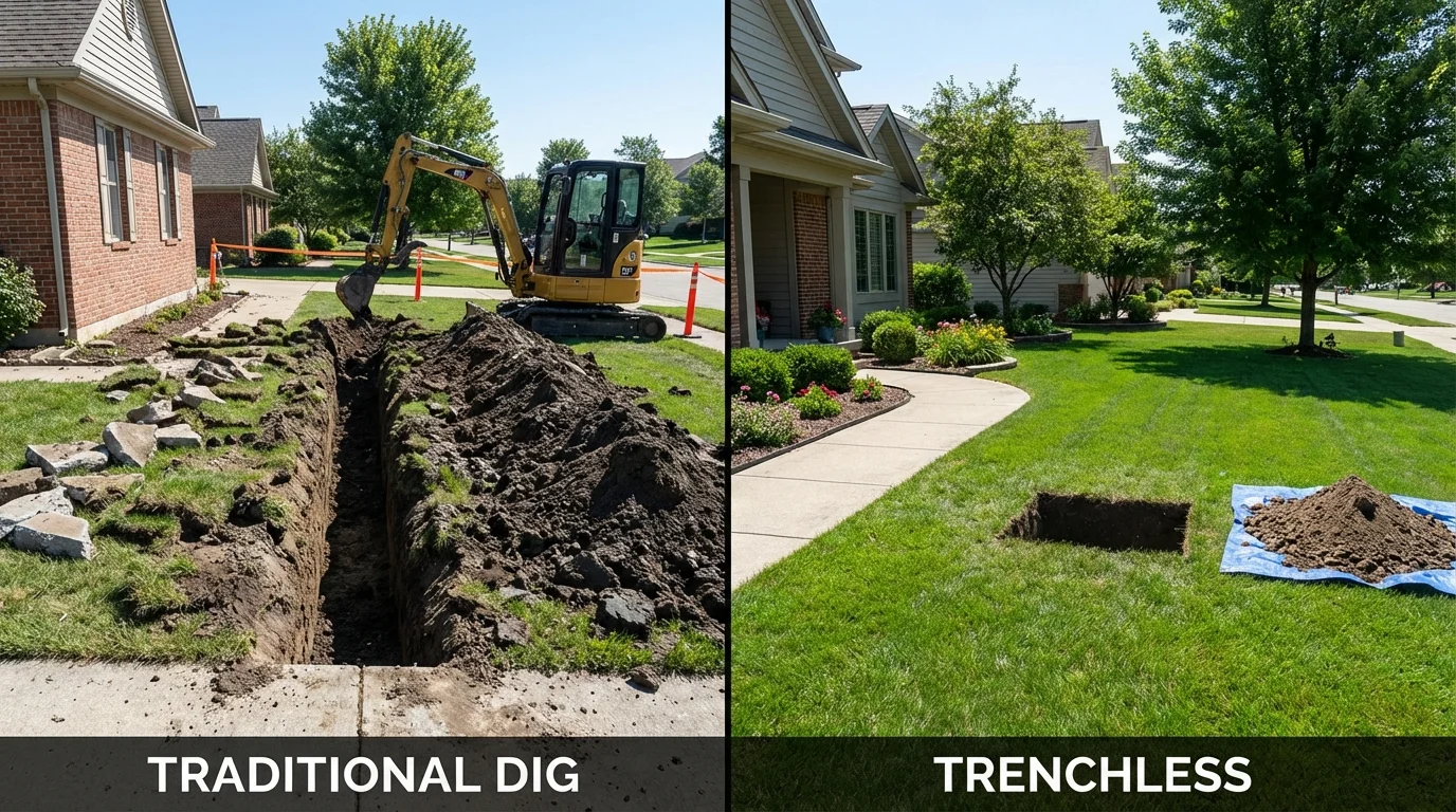 Trenchless sewer repair with minimal yard damage versus traditional excavation in South Lancaster, MA