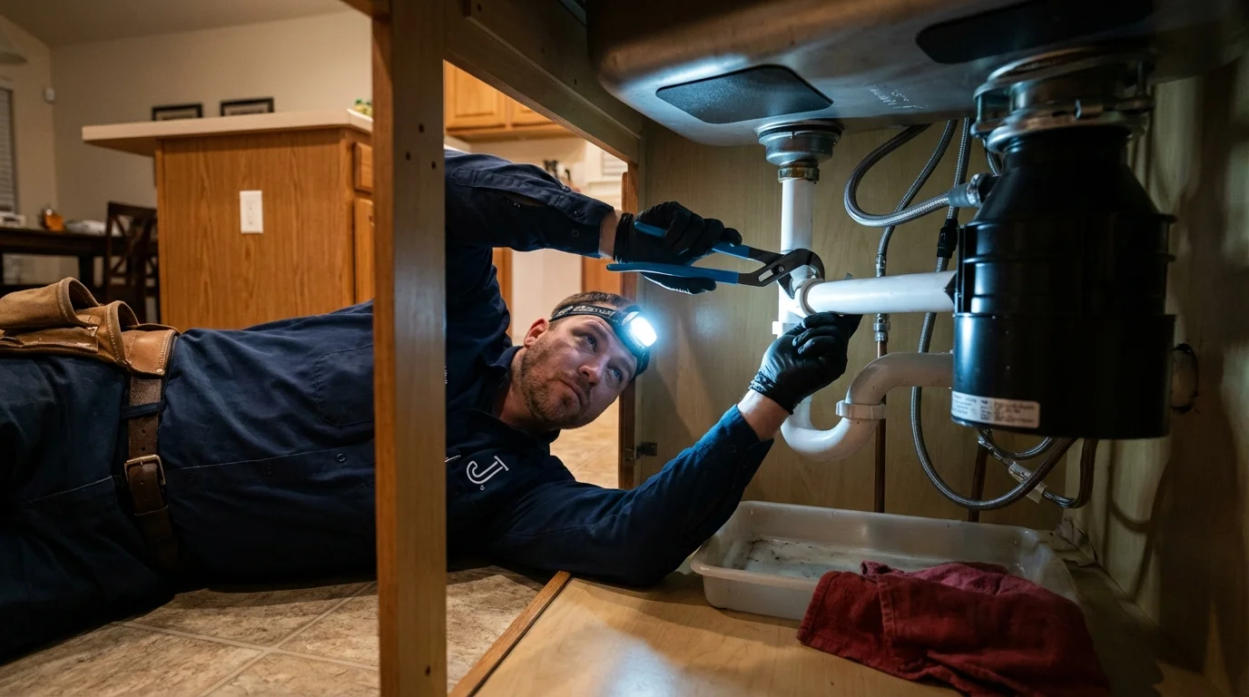 P-trap and supply line connections under a kitchen sink showing a common leak point in South Lancaster, MA